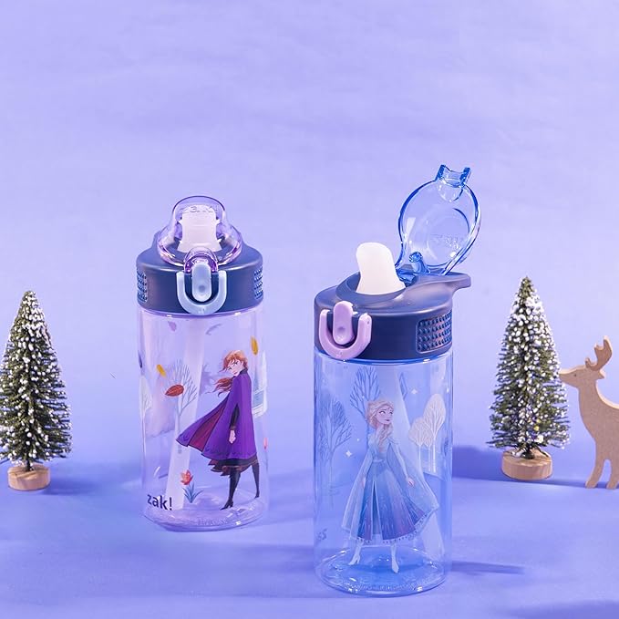 Zak Designs Disney Frozen Sage Kids Water Bottle For School or Travel, 16oz Durable Plastic Water Bottle With Straw, Handle, and Leak-Proof, Pop-Up Spout Cover, 2-Pack Set (Anna & Elsa)