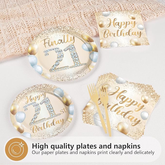 96Pcs Happy 21st Birthday Decorations Sweet 21 Plates and Napkins Tableware Sets White and Gold Glitter Twenty-one Birthday Decorations for Girls Boys 21 Years Old Birthdays Party Supplies Serves 24