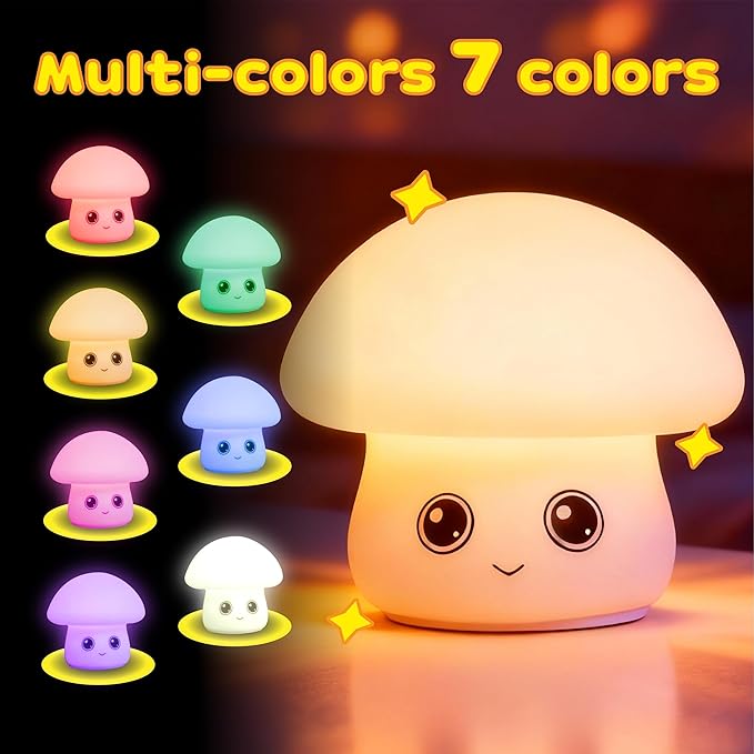 Rechargeable Small Mushroom Lamp - 16 Color Dimmable LED Night Light for Nursery, Soft Silicone Baby Kids Bedroom Feeding Light, Portable Touch Control Decor