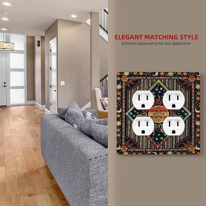 Decorative Outlet Covers Boho Burning Sun Moon Hippie Retro Bohemian Gypsy 2 Gang Wall Plate Single Toggle 1 Rocker Light Switch Cover Switch Plate Covers Faceplate for Home Decor