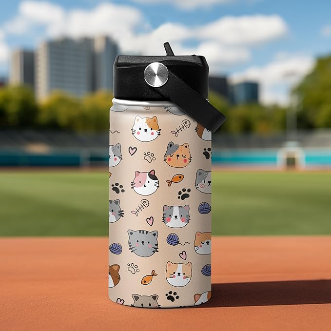 SANDJEST Kids Water Bottle Cat Water Bottles 12oz with Straw Insulated Stainless Steel Travel School Tumbler Double Wall Vacuum Cup for Girls Kid Boys