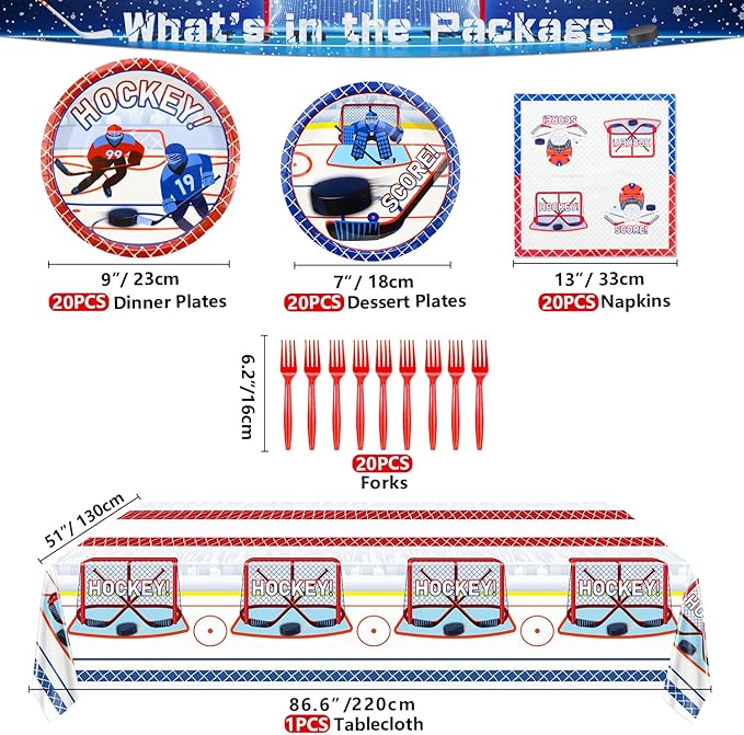 Hockey Party Supplies - Serve 20-81Pcs Plates, Napkins, Tablecloth, Forks Set for Kid's Hockey Fans Birthday Gameday Theme Party Decorations