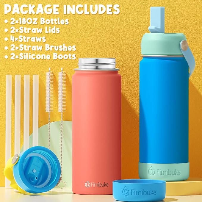 Fimibuke Kids Insulated Water Bottle, 18oz BPA FREE Kids Cups with Straw Double Wall Vacuum Tumbler 18/8 Stainless Steel Leak Proof Toddler Water Bottle for School Boys Girls (2 Pack, Ocean Life)
