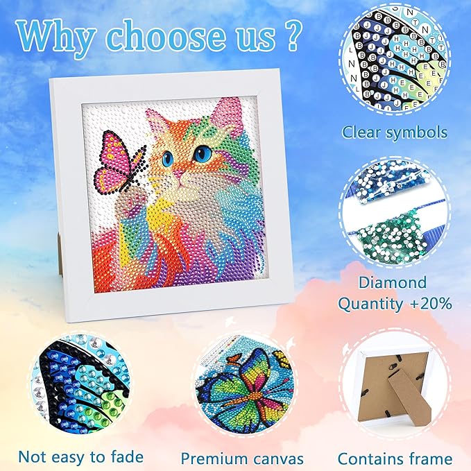 Libfx Diamond Art Kits for Kids with Frame Diamond Art for Girls Boys Beginners Arts and Crafts Ages 8-12 Birthday Gifts (Colorful Butterfly Cat)