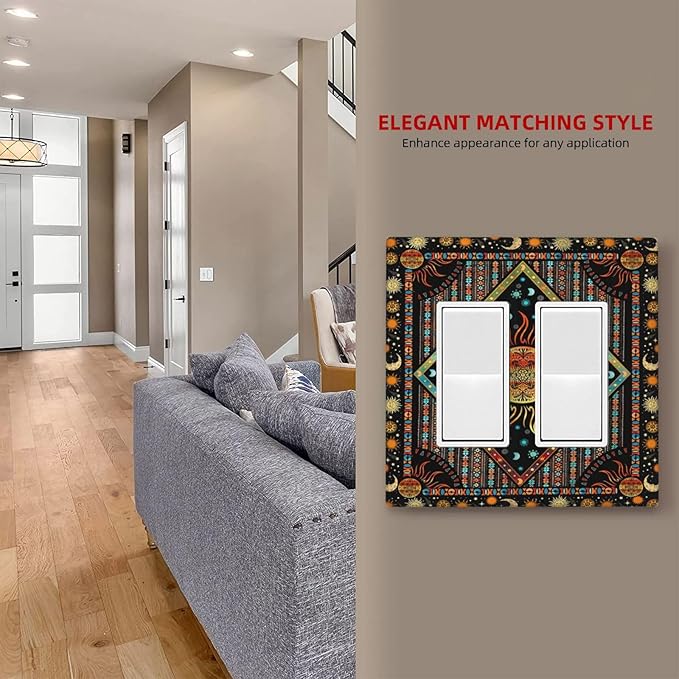 Outlet Covers Boho Burning Sun Hippie Retro Bohemian Gypsy 2 Gang Wall Plate Double Rocker Light Switch Cover Decorative GFCI Receptacle Cover Electrical Switchplate for Bathroom Home Decor