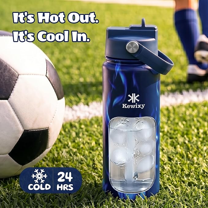 KEWIXY 18 oz Boys Water Bottle with Straw, Easy Slide Lid, Leak Proof, Keep Cold 24H, Vacuum Insulated Tumbler, Metal Stainless Steel with Handle for School & Sport, Soccer