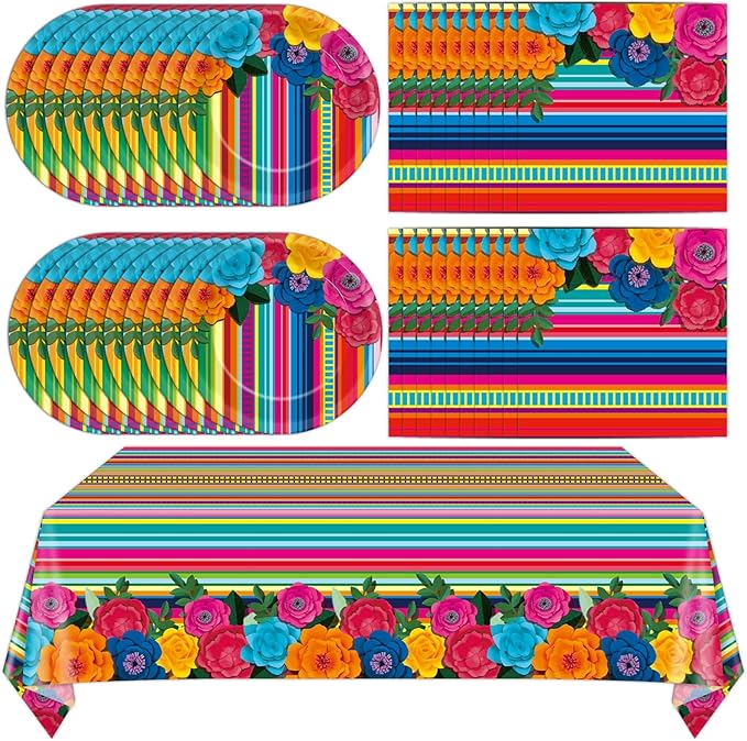 Mexican Party Decorations Fiesta Party Plates and Napkins Taco Birthday Supplies Mexican Paper Cake Dessert Disposable Tableware Set Table Cover Flowers Fiesta Tablecloths