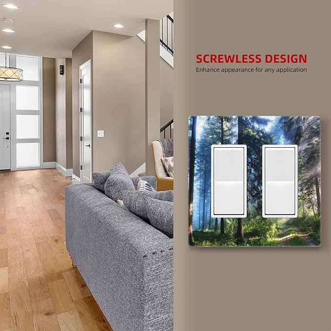 Green Landscape Forest Tree 2 Gang Double Rocker/Decora Light Switch Cover Decorative Outlet Wall Plate Electrical Faceplate Home Family Art Decor Screwless