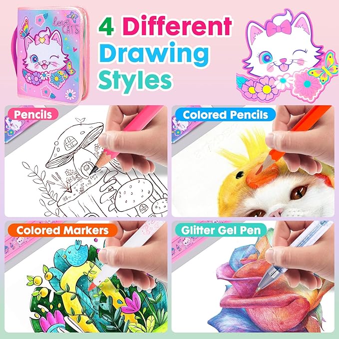Washable Markers Set with Glitter Pencil Case, Art Supplies for Kids Ages 4-6-8, Arts Crafts Travel Coloring Kit for Girls 4 5 6 7 8 Year Old Birthday Gifts