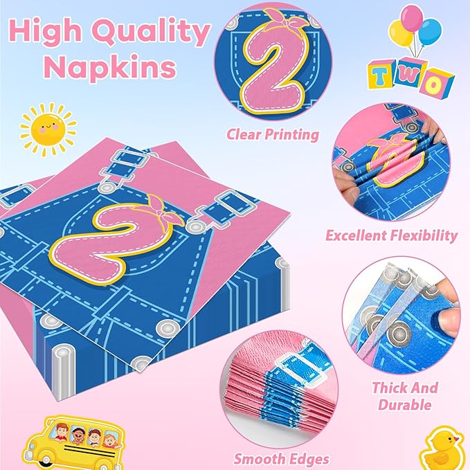 96Pcs Cartoon Girls 2nd Birthday Party Plates and Napkins Cartoon Teacher Paper Disposable Dessert Plates English Teacher Two Year Old Tableware Set for Girls Second Birthday Supplies Serves 24 Guests