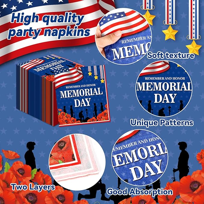 96Pcs Memorial Day Plates and Napkins for Remember and Honor Soldier Party Supplies Thank You Soldiers Dessert Plates Veterans Day Tableware Set for 24 Guests 4th of July Party Decorations