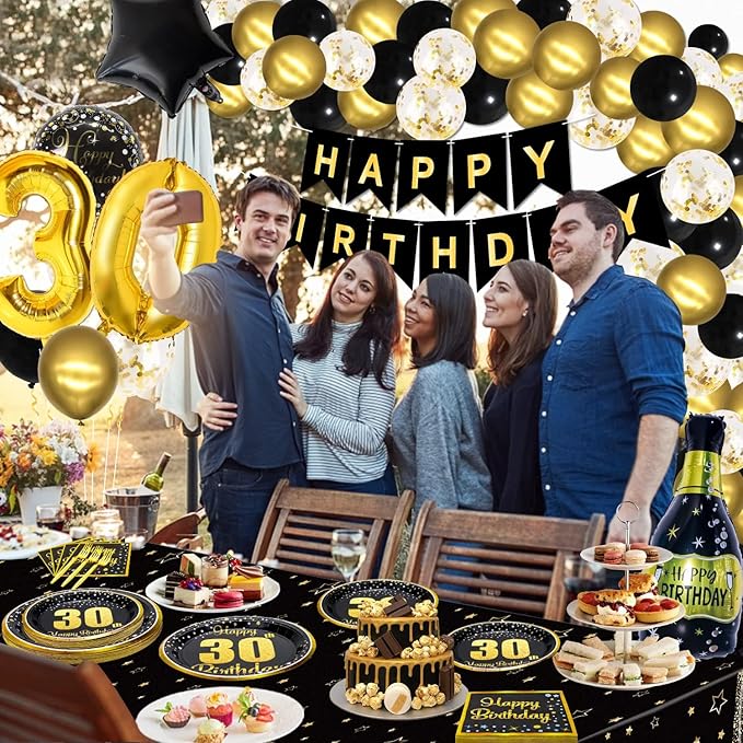 30th Birthday Decorations for Women and Men - 81 Pcs Plates Napkins 30th Tablecloth Forks Set Black and Gold Party Decorations Serve 20