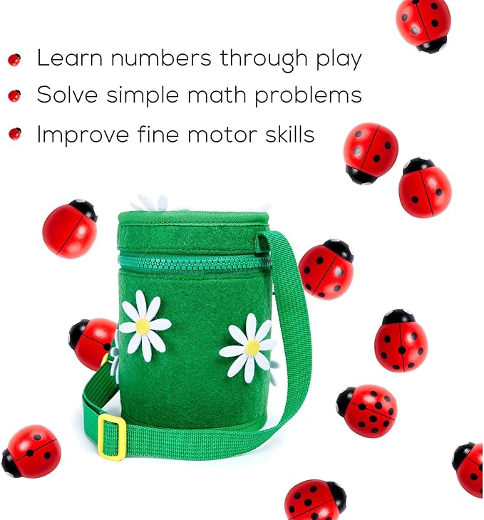 Counting Ladybugs - Montessori Wooden Counting Toy for Girls 3 4 5 Year Old - Ladybug Learning Toys for Toddlers - Preschool Kids Toys for Number Matching, Sorting & Fine Motor Skills - Lady Bug Gifts