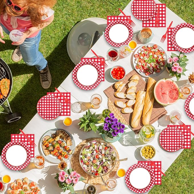 Naozinebi 200pcs Red and White Plates Napkins Checkered Plaid Paper Tableware Set Cake Dessert Disposable Dinnerware Spring Picnic Party Decoration for Baby Shower Birthday Decor Supplies Serves 50