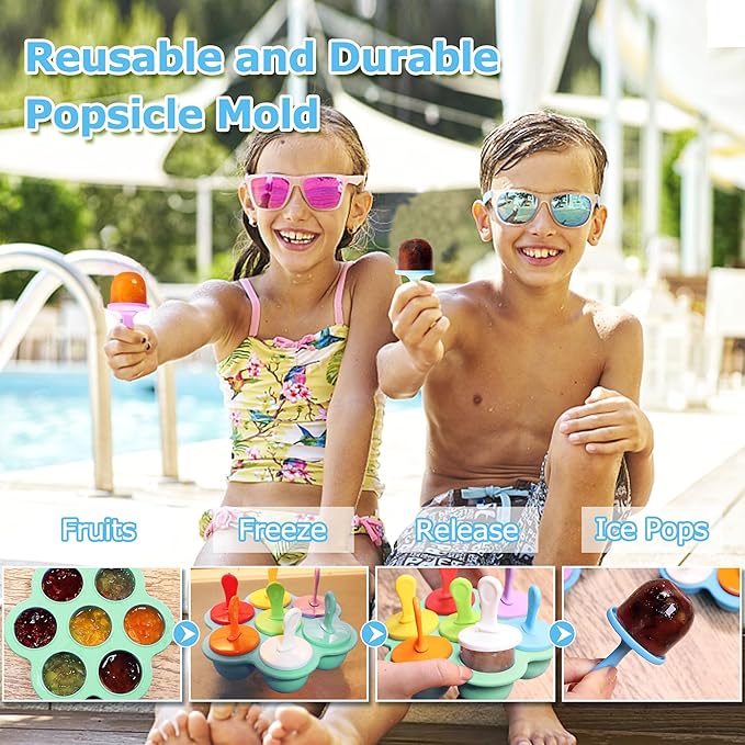 Silicone Popsicle Molds 14-cavity DIY 2Pcs Ice Pop Mold with Colorful Sticks For egg biting ice cream molds baby food storage containers non stick cake molds (Purple Mint Green)