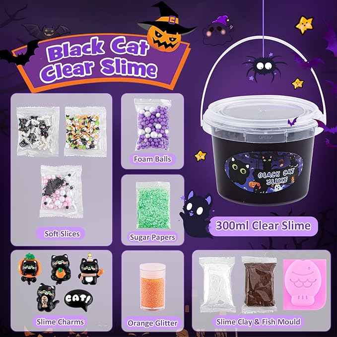 LAWOHO 300ml Black Cat Slime Kit with Clay, Purple Clear Slime Bucket for Girls & Boys with 9 Packs Cat Add-Ins for Kids Slime Toys, Non Stick Slime Making Kit for Birthday Halloween Christmas Easter