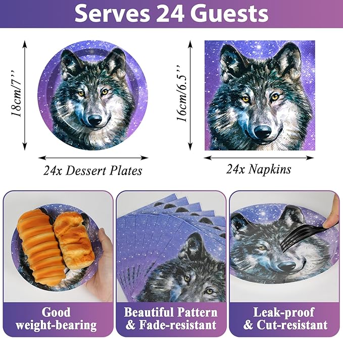 Qyeahkj Wolf Party Supplies Serves 24 Wolf Theme Party Paper Plates Napkins Wolf Tablecloth Set Tableware Kit for Kids Birthday Party Baby Shower