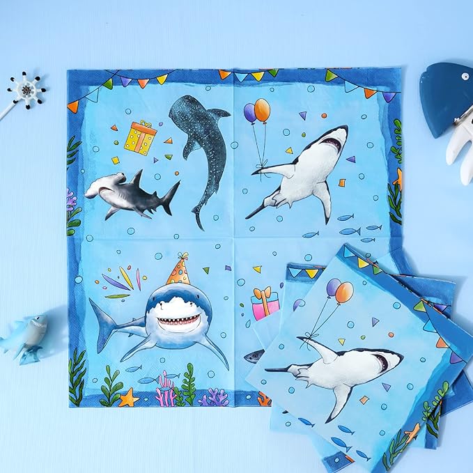 WERNNSAI Shark Birthday Decorations - 48PCS Shark Party Plates and Napkins Under The Sea Birthday Supplies Blue Ocean Plates Tableware for Kids Boys Baby Shower Summer Pool Party Decor Serves 16 Guest