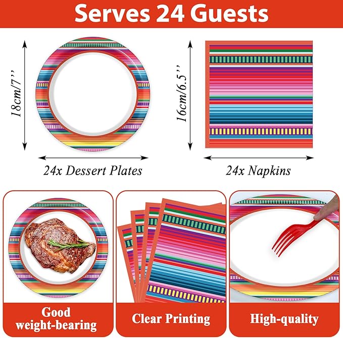 Qyeahkj Mexican Serape Fiesta Party Supplies Serves 24 Mayo Party Paper Plates Napkins Colorful Stripes Mexico Tablecloth Set Tableware Kit for Pinata Taco Ponchos Dance Day of The Dead Favor