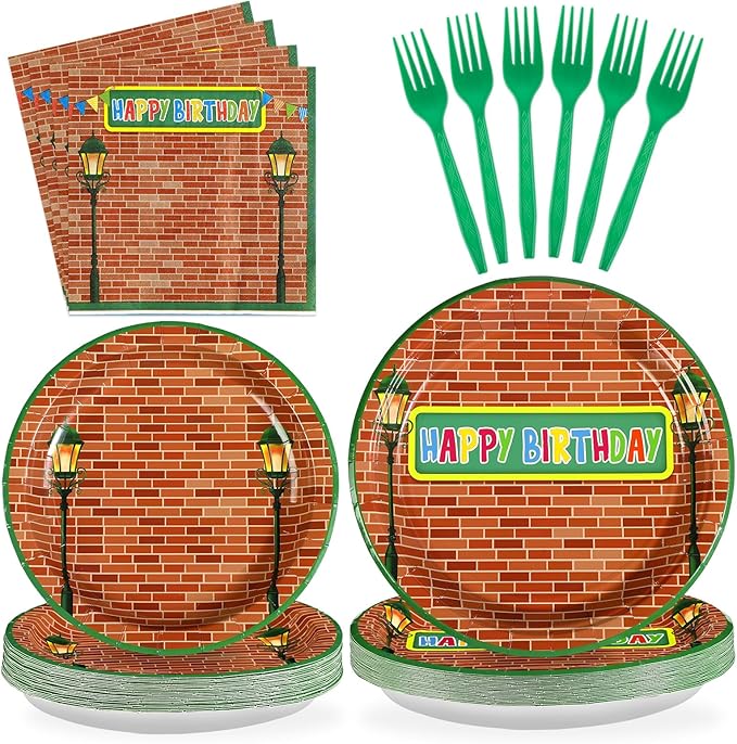 Grencian 96 Red Brick Wall Street Party Supplies Modern Cartoon Sesame Plates and Napkins Tableware Sets Sesame Birthday Disposable Plate for Kids Birthday Baby Shower Serves 24