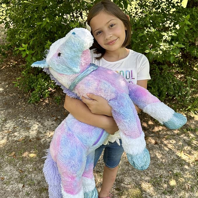 Tezituor 35 Inch Big Horse Stuffed Animals Plush Toy, Large Rainbow Stuffed Horse Toys Gift Soft Blue Pony Plush Body Pillow for Boys Girls