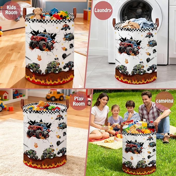 Monster Trucks Storage Basket Laundry Hamper,Collapsible Car Room Decor for Boys,Waterproof Monster Trucks Easter Gift Bag,45L Large Clothes Towel Toy Book Nursery Hamper(Round)