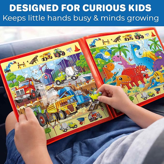 QUOKKA Magnetic Puzzles for Toddlers 3-5 – Search & Find 2 Pack, 60 Pieces Each – Travel Friendly Board with Hidden Objects, Construction and Dinosaur Scenes – Educational Puzzle Gift for 3 Year Olds