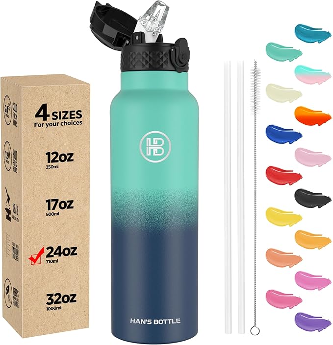 Han's Bottle Sports Water Bottle - 24 Oz, Straw Lid, Leak Proof, Vacuum Insulated Stainless Steel, Double Walled, Thermo Mug,Gradient Blue