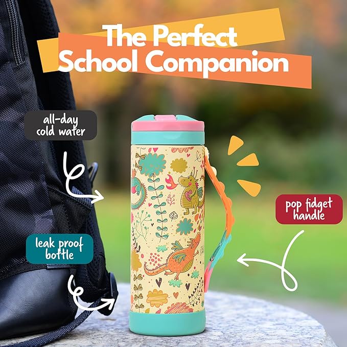 Elemental Iconic Kids Water Bottle for School - 100% Leak-Proof Insulated Water Bottles with Straw Lid & Pop-It Handle for Boys & Girls - Triple-Wall Insulated & BPA-Free, 14oz – Dragon