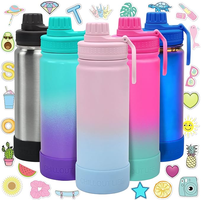 CHILLOUT LIFE 17 oz Kids Insulated Water Bottle for School with Leakproof Spout Lid and Cute Waterproof Stickers, Personalized Stainless Steel Thermos Flask Metal Water Bottle for Girls & Boys