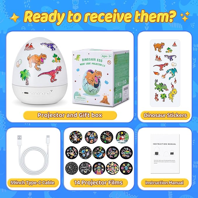 Dinosaur Egg Light for Nursery Sound Machine | 15 Sleeping Sounds+12HD Films+360°Rotating | Dnio Gifts for Kids Primal Hatch Dinosaur Egg Night Light for Nursery Boy Toys Hatch Sound Machine Lights