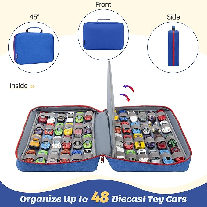 KISLANE Car Storage Case Organizer for 48 Vehicles – Portable 1:64 Scale Die-Cast Collection Carrying Case with Elastic Slots, Travel Storage Bag for Collectors, Blue