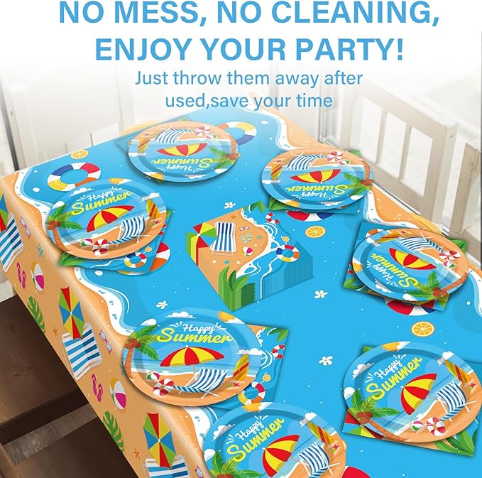 Summer Party Supplies Serves 24 Beach Luau Party Paper Plates Napkins Hawaiian Tablecloth Set Tableware Kit for Pool Party Birthday Tropical Dinner