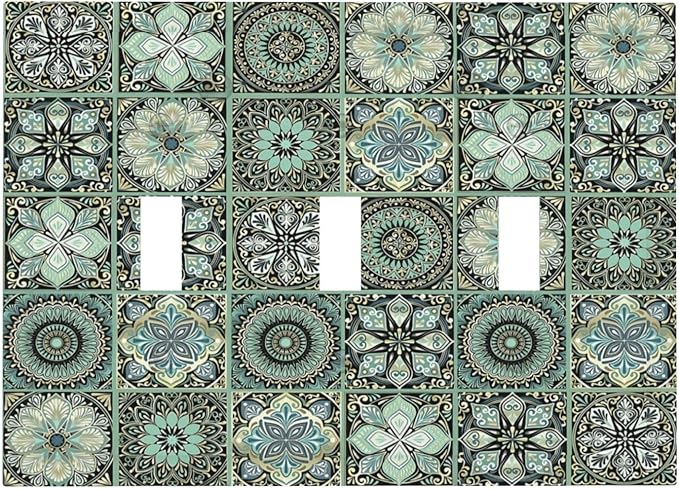 Moroccan Mandala Tile Floral Talavera Tiles Decorative Switch Plates 3 Gang Wall Plate Triple Toggle Light Switch Cover Faceplate Electrical Wall Panels for Bathroom Kitchen Decor