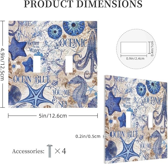 Decorative Switch Plates Vintage Sea Blue Seahorse Starfish Octopus 2 Gang Double Toggle Outlet Light Switch Cover Wall Plate Electrical Faceplate For Kids Room Home Decor