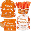 168Pcs Orange Happy Birthday Decorations Orange and White Plates and Napkins Cups Forks Disposable Bday Tableware Sets for Women Girls Kids Boys Men Birthday Baby Shower Party Supplies Serves 24
