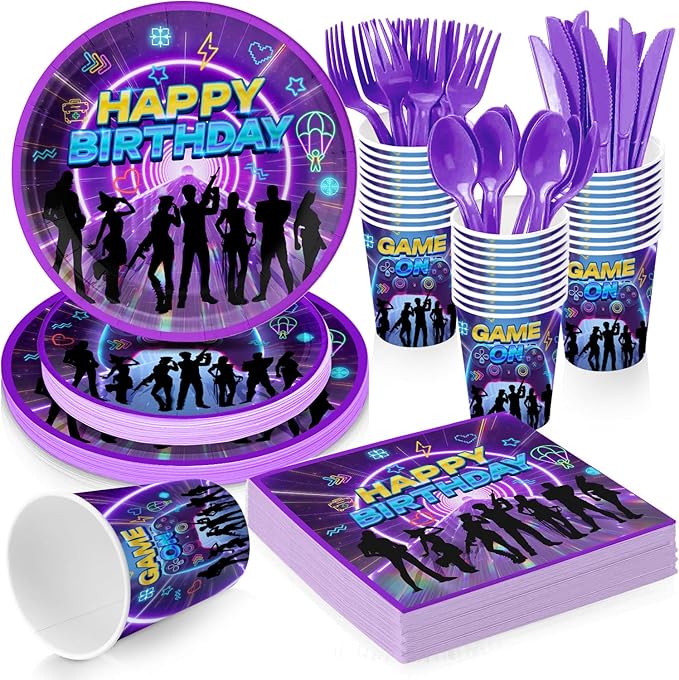 Video Game Party Supplies for Kids Child Themed Birthday Party,Game Theme Birthday Decorations Disposable Tableware Set With Plates, Cups, Napkins & Cutlery for 24 Guests