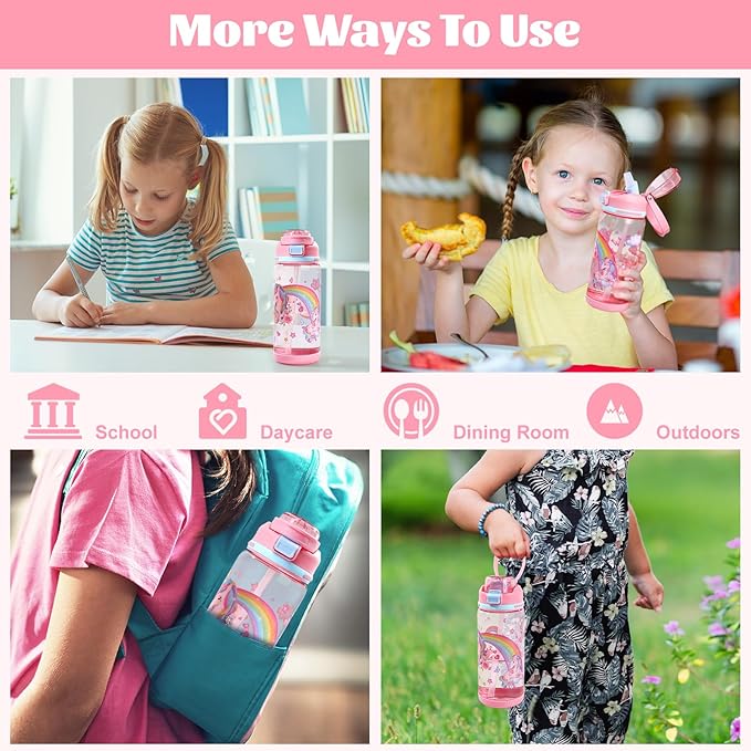 decalsweet Kids Water Bottle 20oz Durable Leak-Proof Plastic Water Cup for Kids Toddlers,With Straw Handle and Pop-Up Spout Cover,Safe for School Sports Daycare Travel & Camp