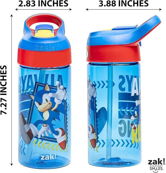 Zak Designs Sonic the Hedgehog Kids Water Bottle with Spout Cover and Built-in Carrying Loop, Made of Durable Plastic, Leak-Proof Water Bottle Design for Travel (17.5 oz, Pack of 2)