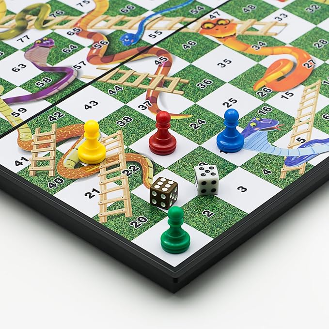 Snakes and Ladders Board Game Set -32 Centimeters, Magnetic Folding Travel Board Game for Kids (Large Size 12.6″x12.6″)