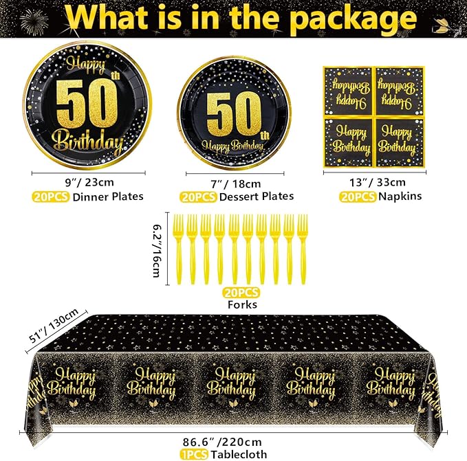 50th Birthday Decorations for Women and Men - 81 Pcs Plates Napkins 50th Tablecloth Forks Set Black and Gold Party Decorations Serve 20