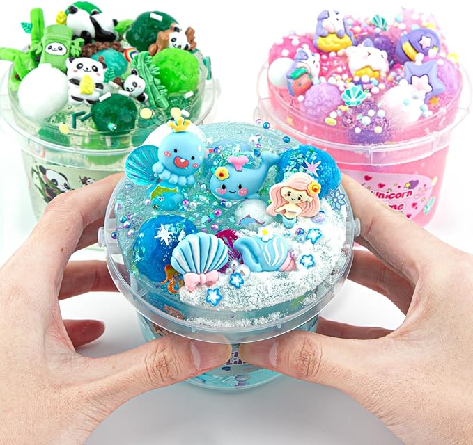 10 FL OZ Mermaid Clear Slime Kit, Blue Slime Bucket, Slimes Party Favors for Kids, Glimmer Crunchy Slimes Includes 9 Packs of Add-ins, Sensory Experience DIY Toys for Girls and Boys Ages 8-12