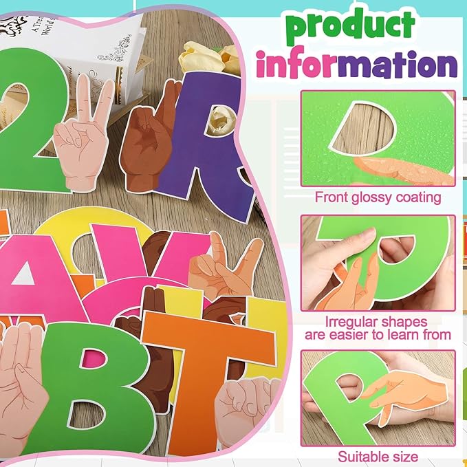 Resurhang 37 Pcs ASL Alphabet Number Card Colorful Learning ABC Number 0-10 American Sign Language Flash Cards Alphabet Poster Bulletin Board Wall Decor for Kindergarten Classroom(Bright Color)