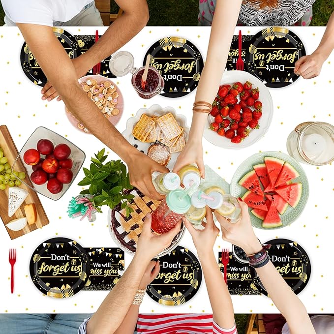 We Will Miss You Party Decorations Serve 24 Guests Going Away Party Disposable Plates Napkins Tablecloth Farewell Dinner Tableware Black and Gold Goodbye Party Supplies for Leaving Retirement Party