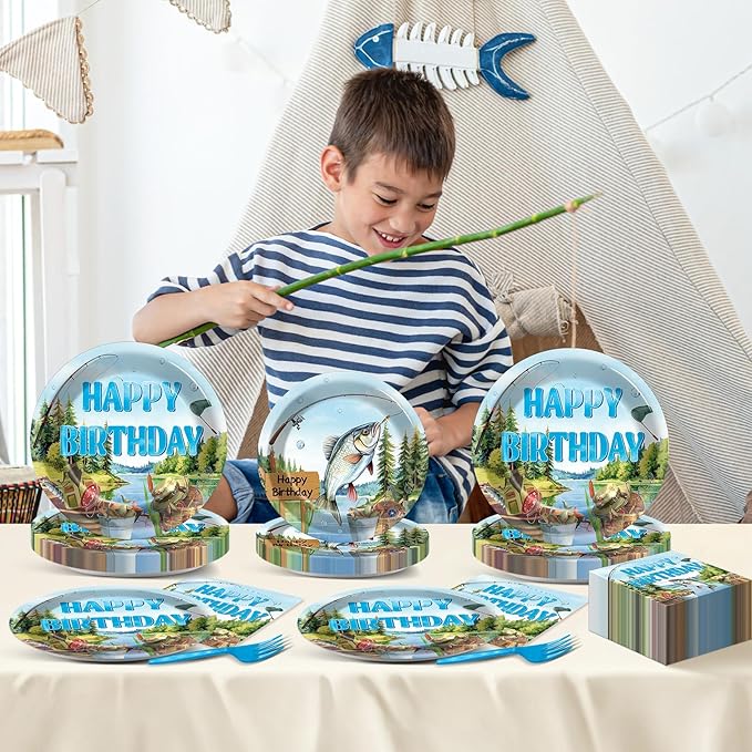 96Pcs Gone Fishing Party Plates Napkins Ofishally Birthday Supplies Fishing Birthday Paper Dessert Cake Plates Tropical Fish Tableware Sets for Kids Boys 24 Guests Birthday Party Decorations