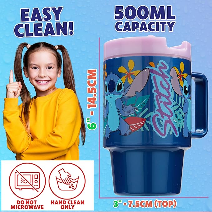 Get Trend Disney Stitch Kids Water Bottle with Straw 16.9 oz BPA Free Plastic Leakproof Cup with Lid Handle Reusable Drinking Tumbler Gifts for Kids (Blue Stitch)