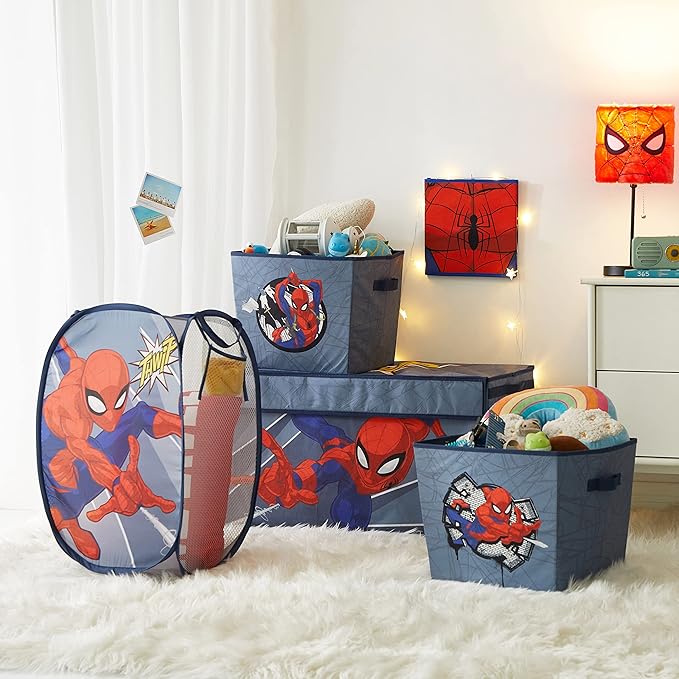 Marvel Spiderman Toy Storage Trunk for Kids,Collapsible Organizer with Soft Lid, Durable Fabric, 28.5x14.5x16, Blue Chest for Bedroom & Playroom