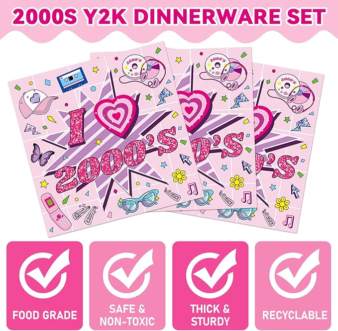Qyeahkj 100Pcs 2000s Y2K Pink Decorations Party Supplies 90s Plates Napkins Disposable 1990s Tableware Dinnerware Birthday for 90's Kids Bachelorette Favor