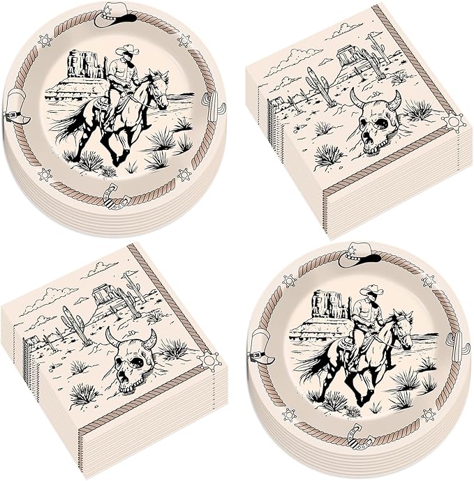 CHUNNIN 50Pcs 7in Western Party Paper Plates and Napkins Cowboy Dessert Cake Plates Rodeo Bachelor Theme Decorations Wild West Tableware Set Serves 25 Guest Cowboy Birthday Party Supplies
