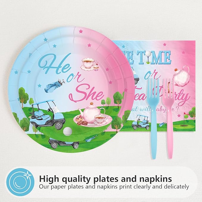 96 Pcs Golf Gender Reveal Decorations Blue Or Pink Golf Gender Reveal Plates and Napkins Tee Time He Or She Tableware Set for Boys Girls Baby Shower Birthday Party Supplies Serves 24